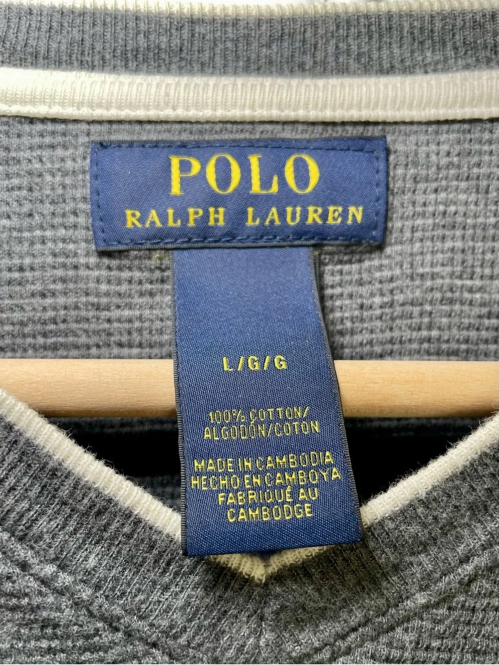 Polo Ralph Lauren Men's L Waffle-Knit Thermal V Neck Shirt Gray Preppy
